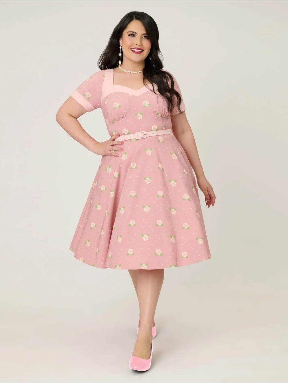 Unique Vintage Pink Floral Sweetheart Fit-and-Flare Dress